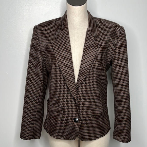 VINTAGE HOUNDSTOOTH LADYBUG BROWN BLAZER SUIT JACKET SIZE 10 - Picture 1 of 9